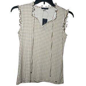Tommy Hilfiger beige and white gingham print top sz S
